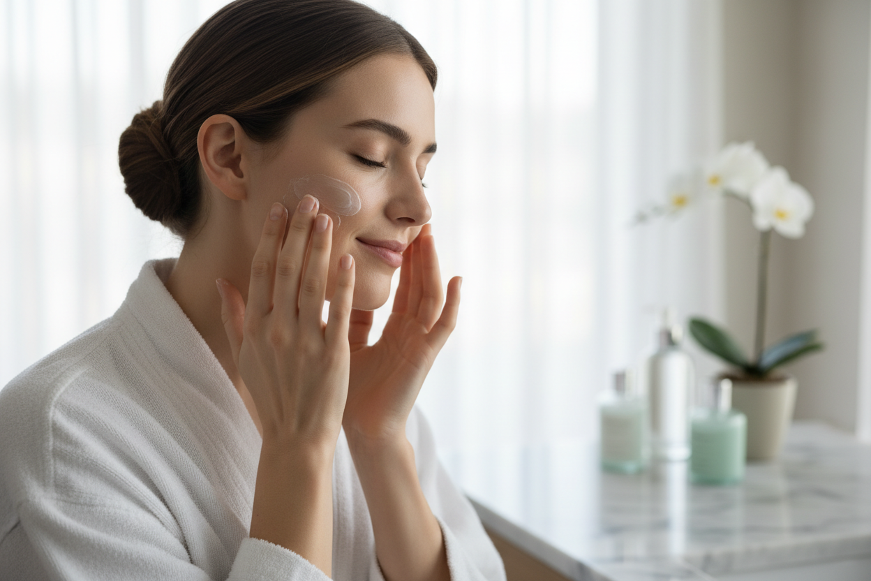 woman putting on face cream